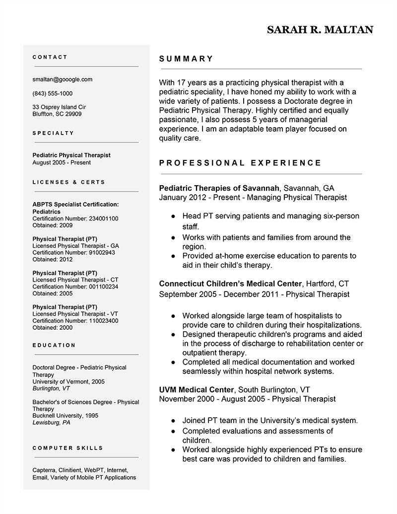 resume objective examples for physical therapist