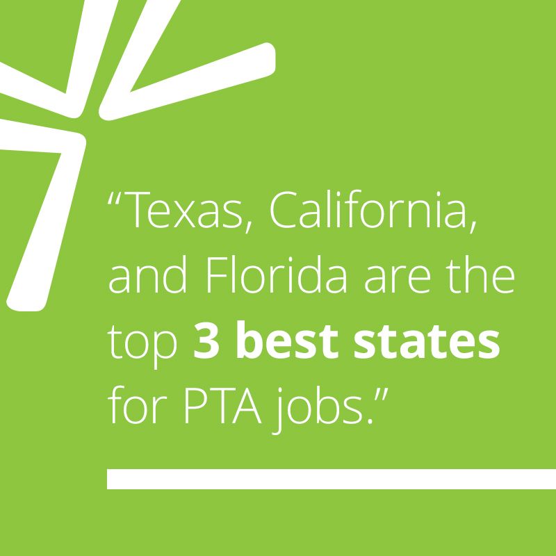 Texas, California, and Florida are the top 3 best states for PTA jobs.